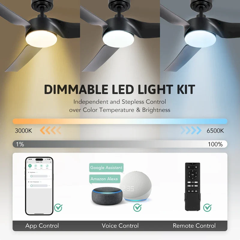 Modern 52  Smart Ceiling Fan with Dimmable Light Kit & Remote