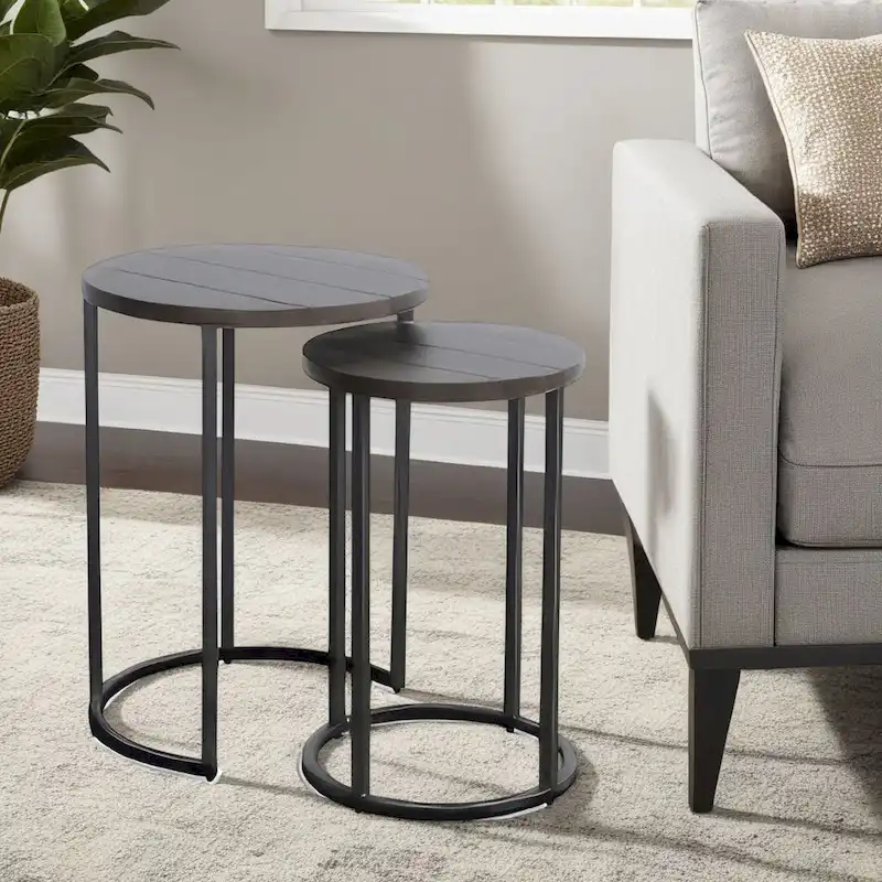 Flint 2 Piece Nesting Table Set, Dark Brown Mahogany, Black Metal Base