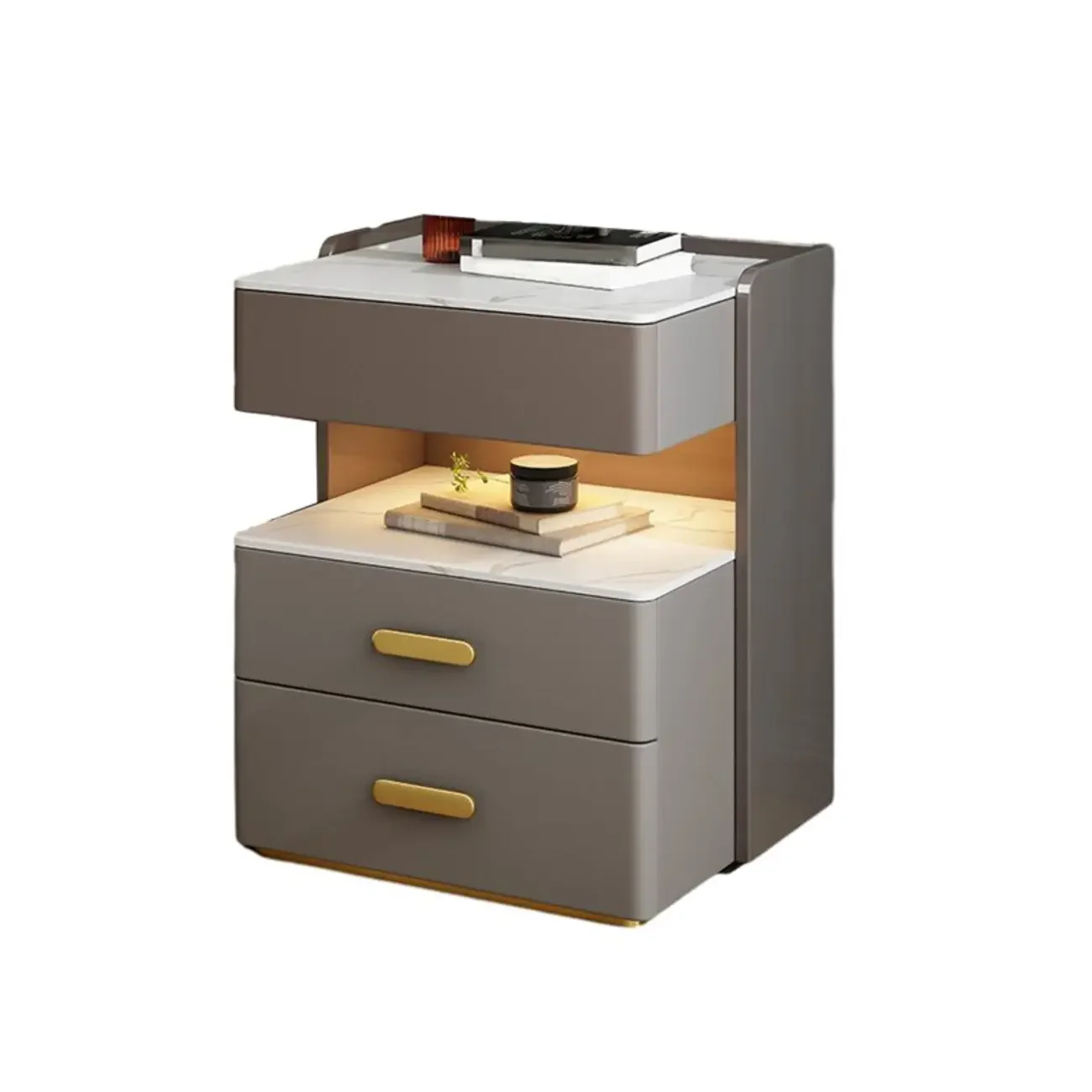 Modern Grey Bedside Table with Drawers and Stone Top