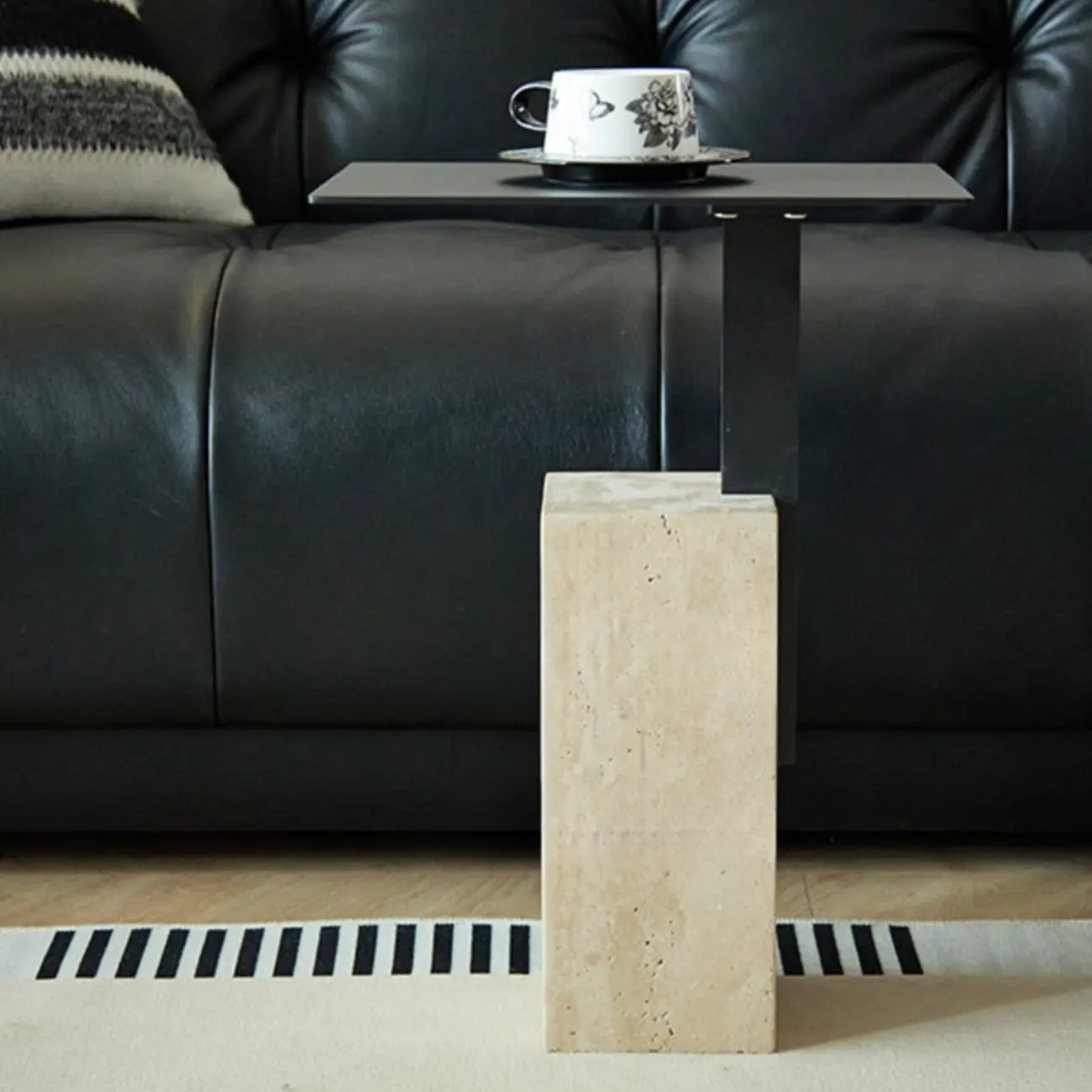 Modish Travertine Pedestal Metal Square Side Table