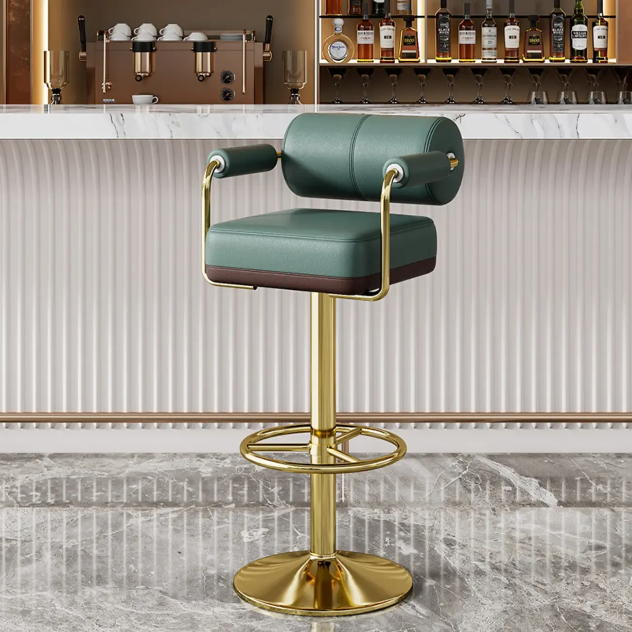 Square Adjustable Leather Gold Legs Swivel Bar Stools