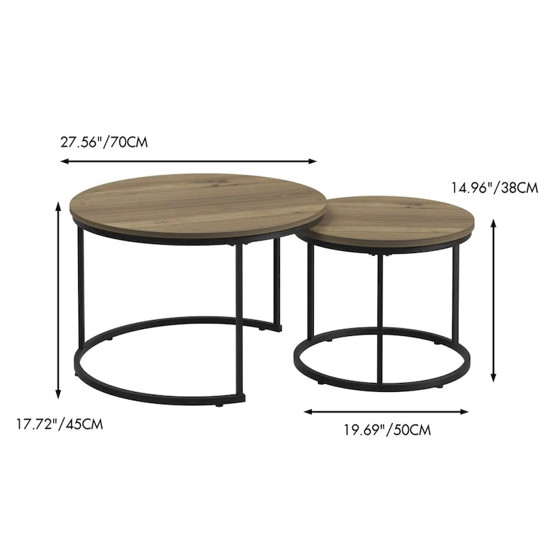 Nesting Coffee Table Set of 2, 27.6inch Round Coffee Table Wood Finish with Sturdy Metal Frame,End Table Side Tables