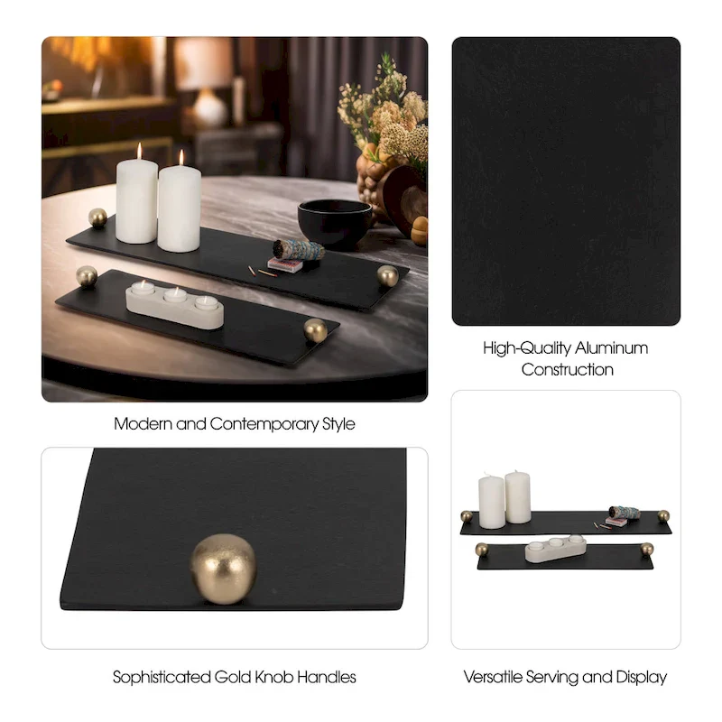 Sagebrook Home Modern Glam Metal Set Of 2 Large Flat Tray With Gold Knob Handles, - 24.0  x 7.0  x 2.0