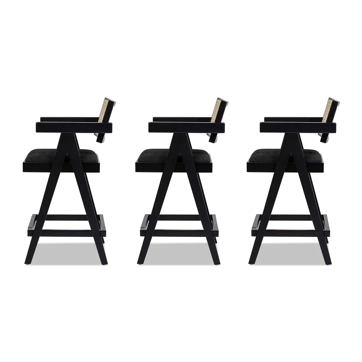 Milan 25.5' Modern Resin Webbing Back Boucle Bar Stool with Arms, Set of 3