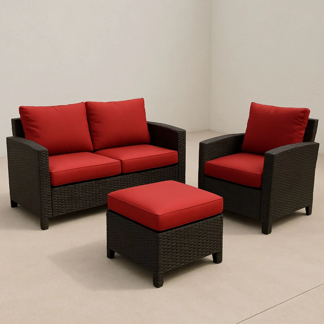 Ensemble de Meubles d'Extérieur 4 Pièces en Résine Tressée avec Coussin en Polyester Rouge