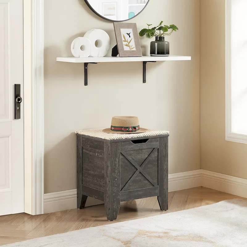 VECELO Storage Bench, Wooden Chest for Storage with Wicker Mat Safety Hinges,Entryway Shoe Bench Storage Trunk Industrial Style