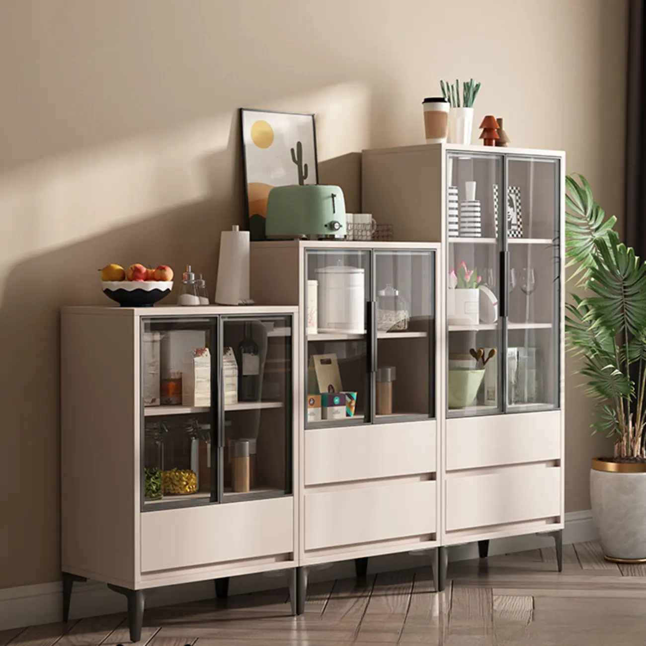 Khaki Wooden Adjustable Shelf Display Cabinet with Drawer