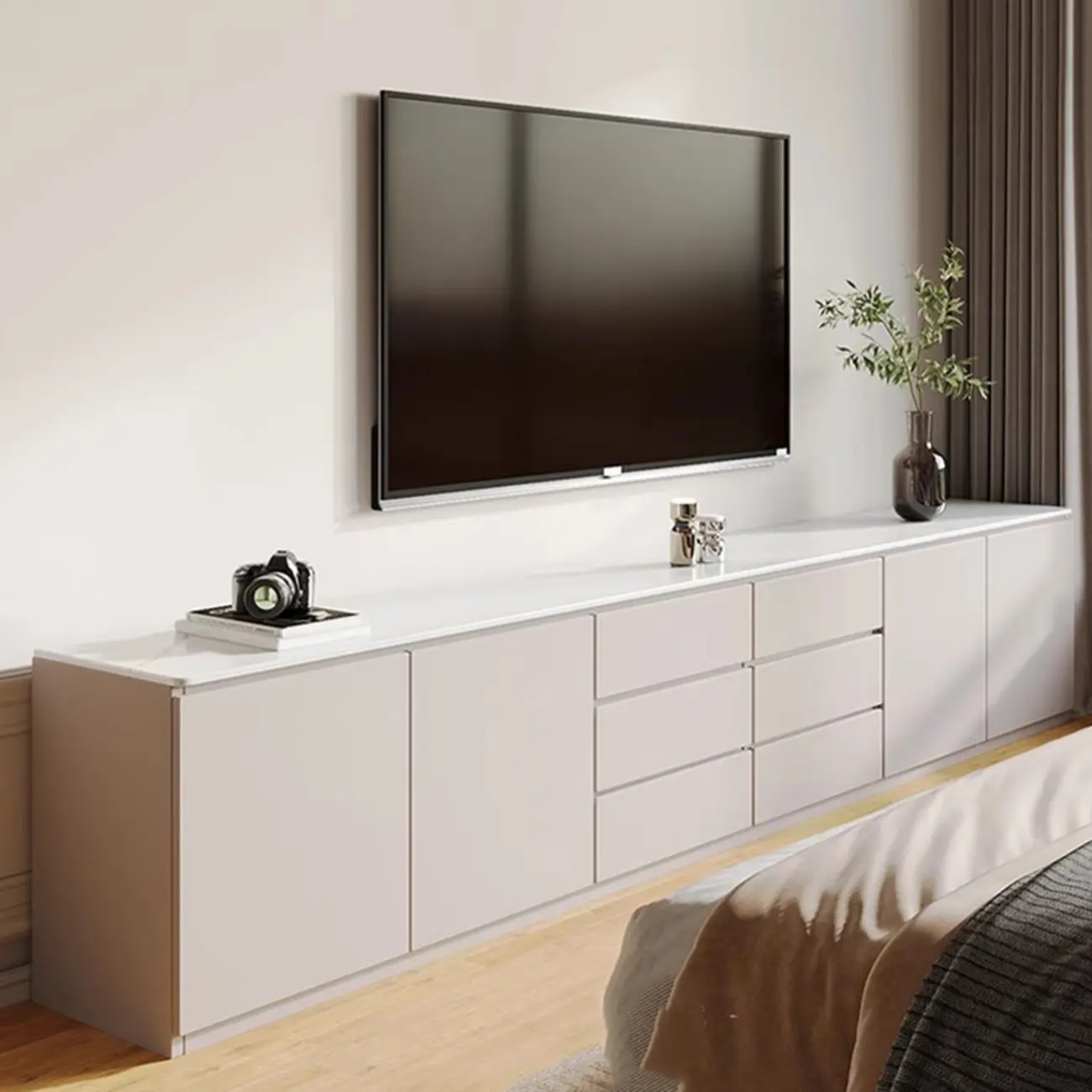 Modern Long White Wood TV Stand with Drawers