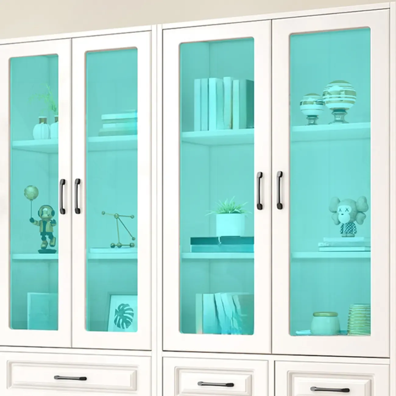 Rectangular White Wood Vertical Display Bookcase with Drawers