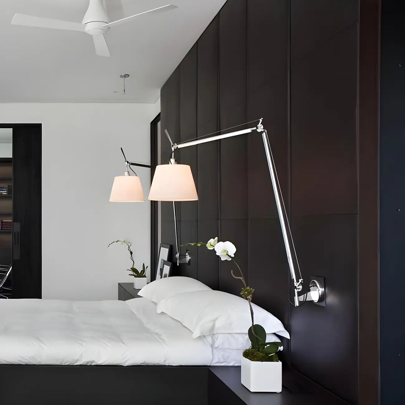 Industrial Silver Swing Arm Wall Light with White Fabric Shade