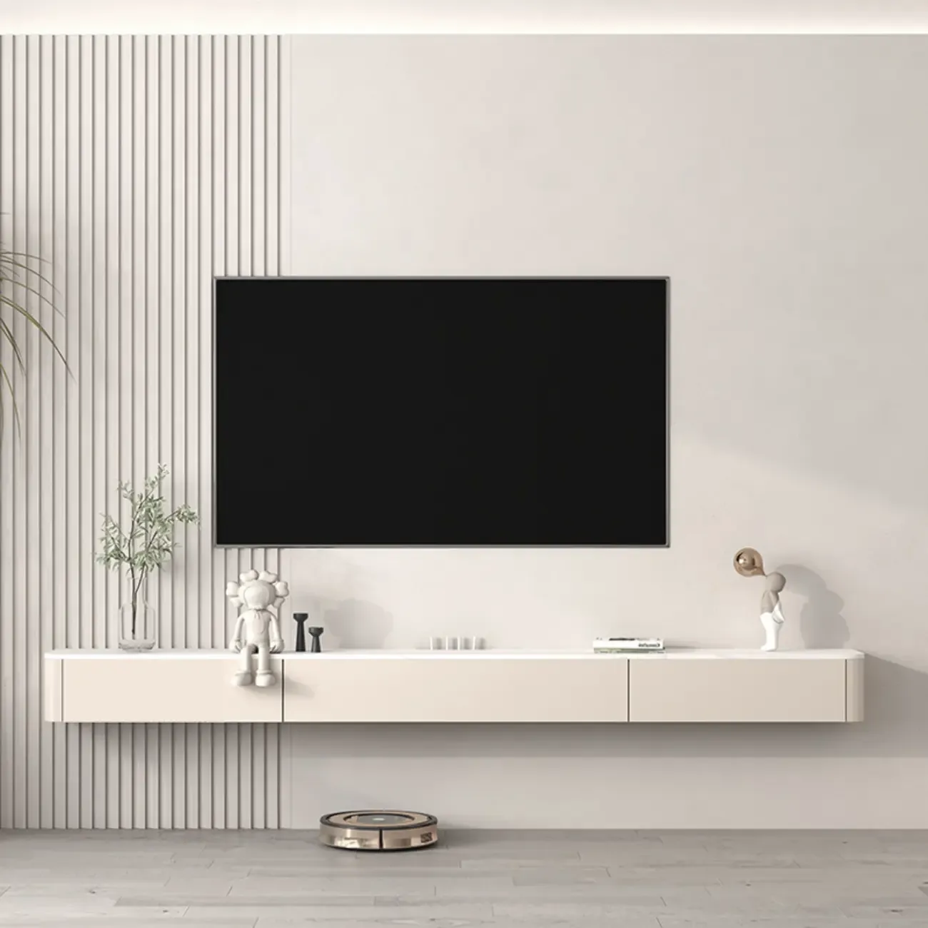 71 Off-White Long Floating Wood Cable Management TV Stand