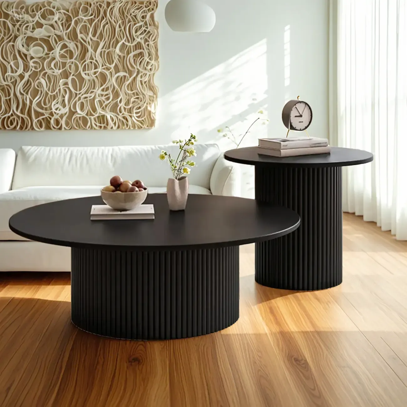 Modern Black Wooden Round Coffee Table Set for Indoor Use