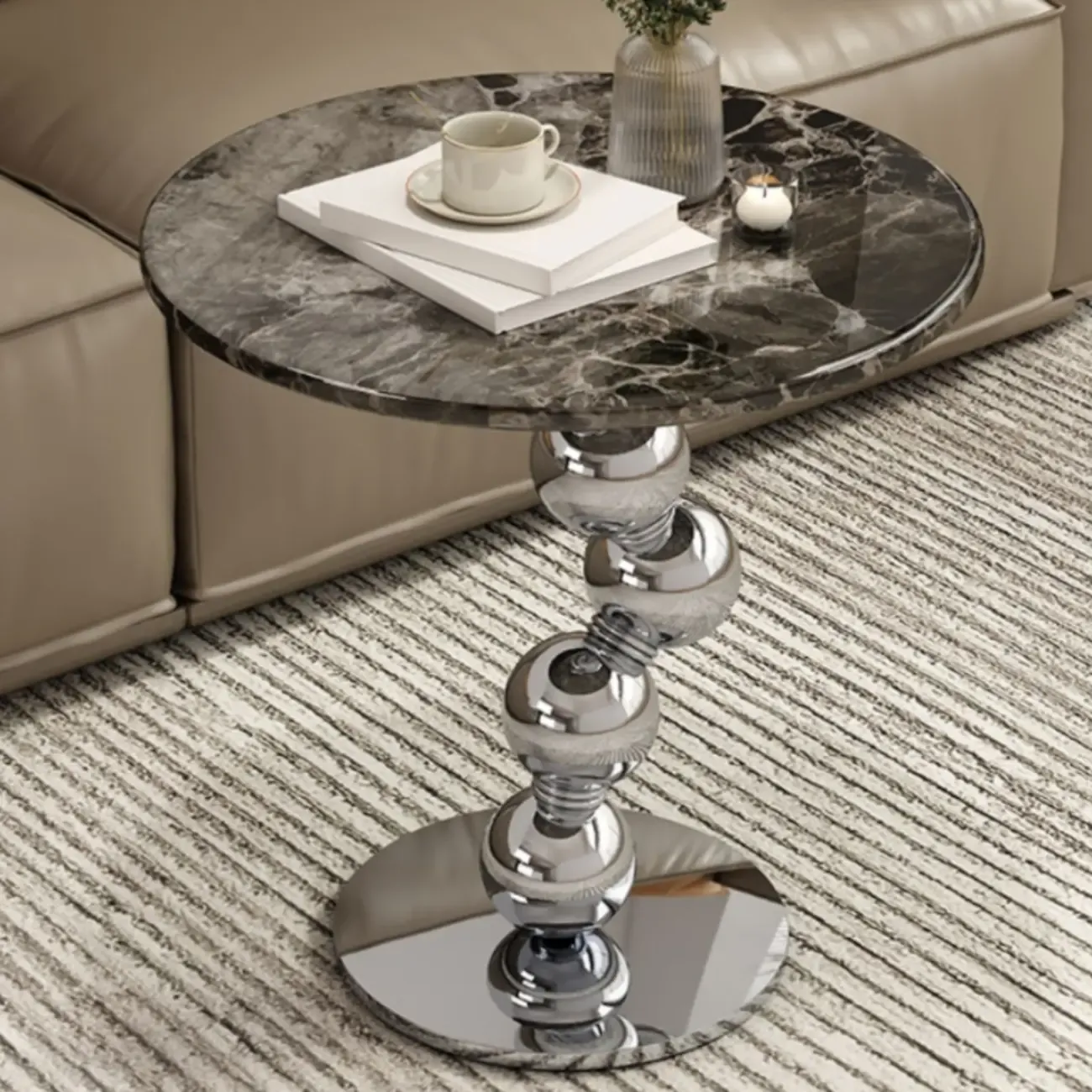 Contemporary Marble Top Round Side Table Metal Base
