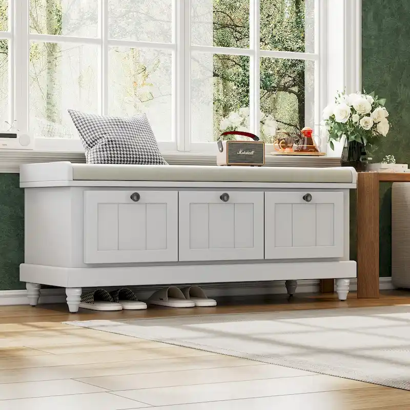 Classic Fluted Shoe Bench with Cushion & 3 Drawers