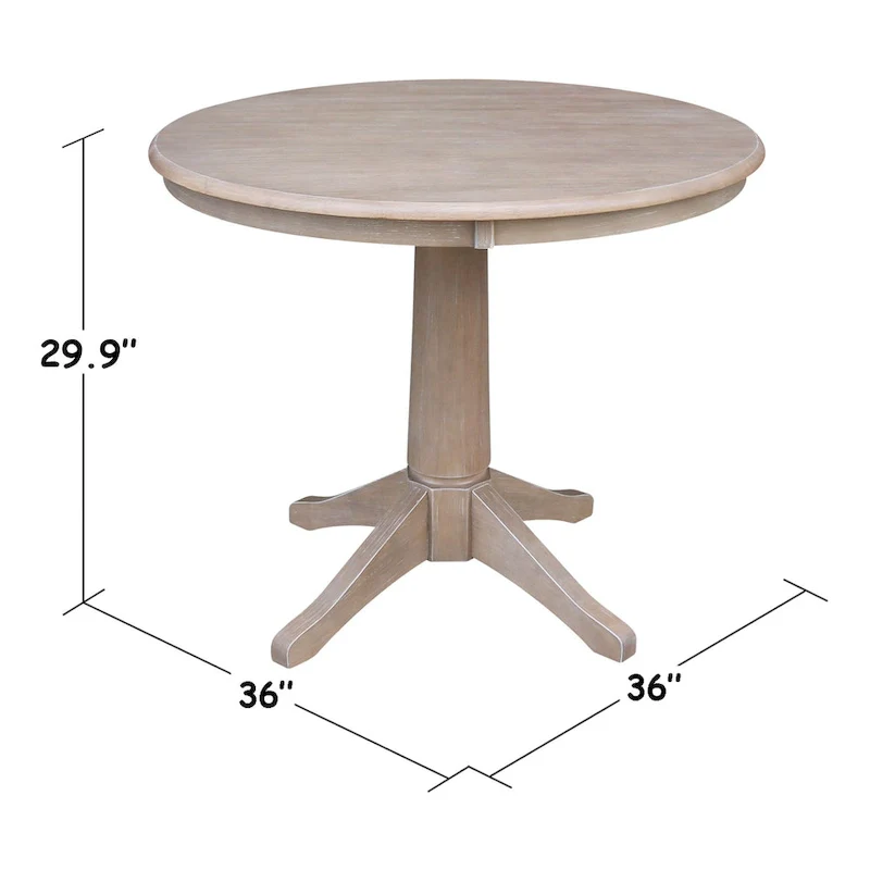 Round Top 36 x 36 Solid Wood Pedestal Table in Washed Gray Taupe