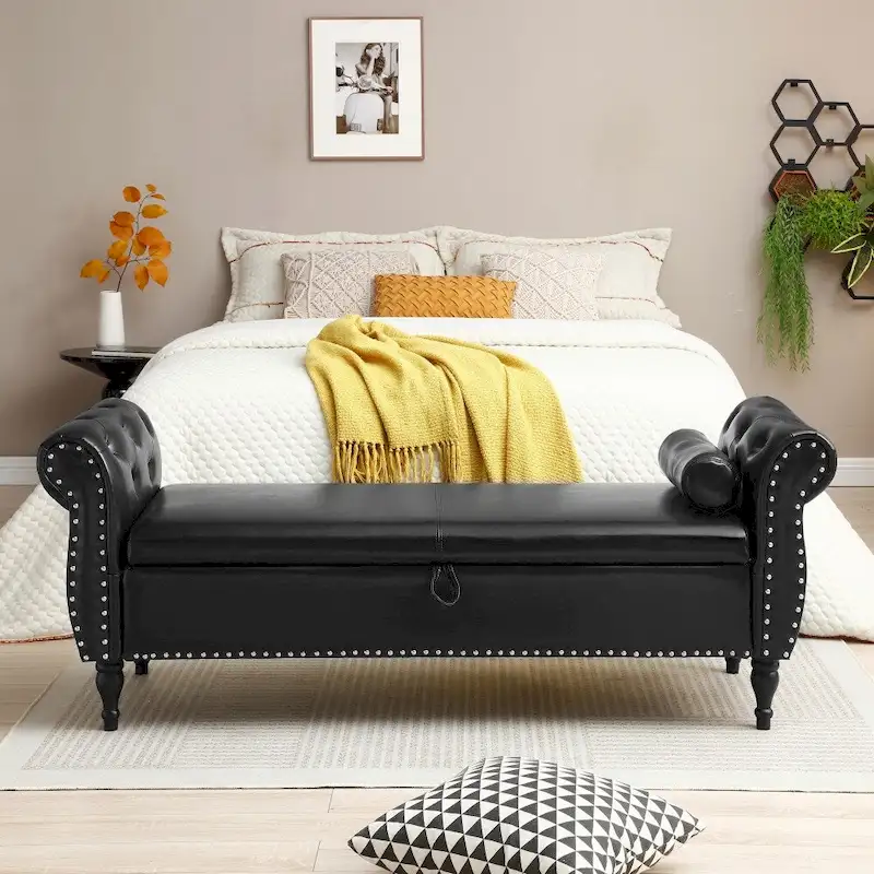 63 Leather Storage Ottoman Bench with 1 Pillow, Safety Hinge and Buttons Tufted Nailhead Trimmed