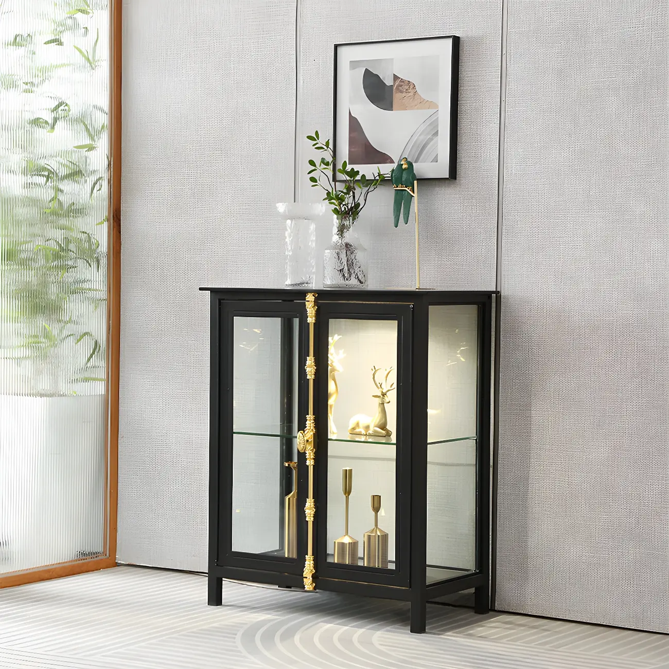 Black Metal Glass Shelves Display Cabinet with Lights