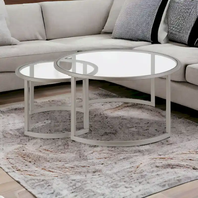 Set of 2 36 Glass And Steel Round Nested Coffee Tables - 36 x 36 x 18
