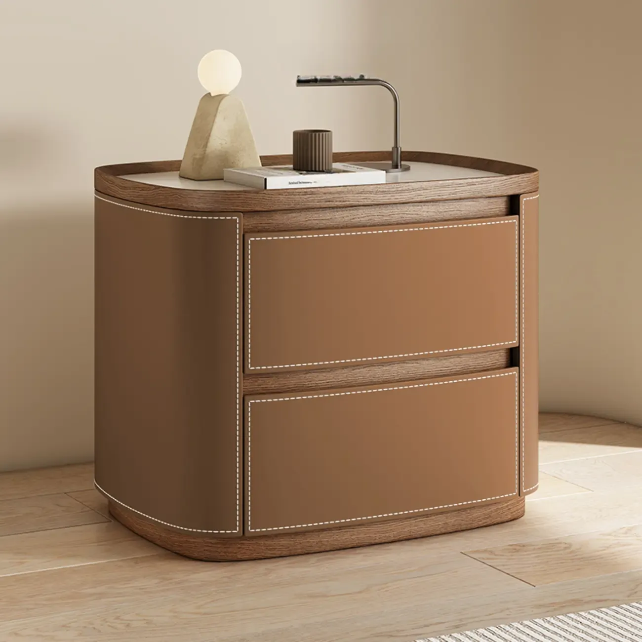 Trendy Low Tray-Top 2 Layer Solid Wood Nightstand