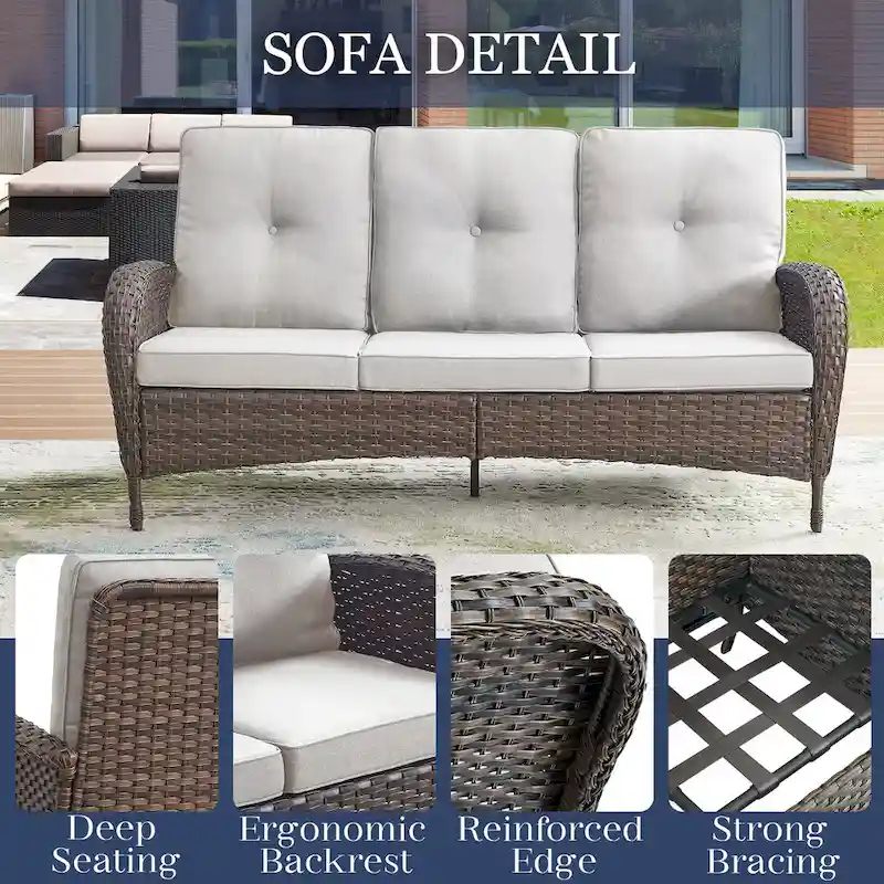 Patio Sofa with 2 Swivel Chair Coffee Table - Brown