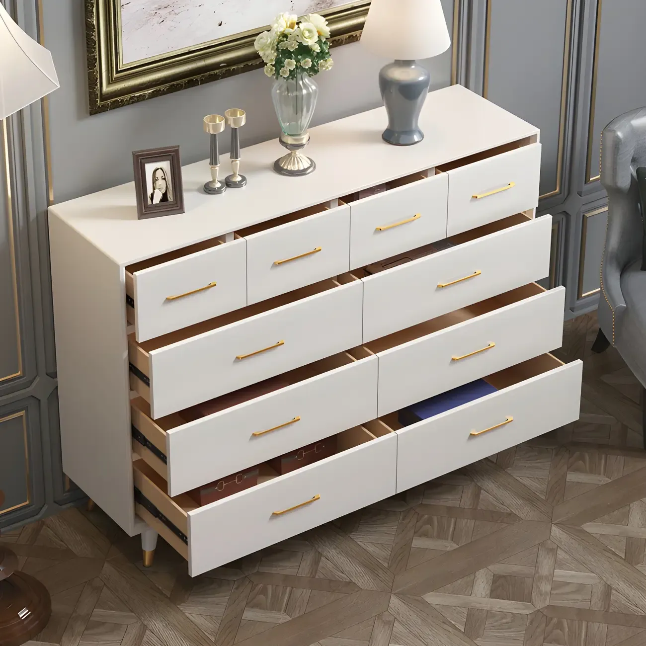 Glam Birch Wood Buffet Table with Multi-Drawers