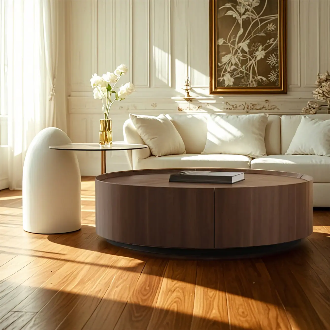 Brown Nesting Tray Wooden Round Coffee Table with 2 Drawers