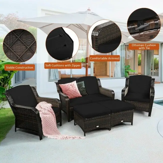 5 Pieces Patio Rattan Sofa Set with Cushion and Ottoman - 51 x 33.5 x 33 (L x W x H)