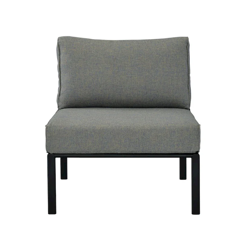 Patio Furniture Set: Armless Chair, Arm Chair, and Ottoman in Gray Fabric & Black Finish