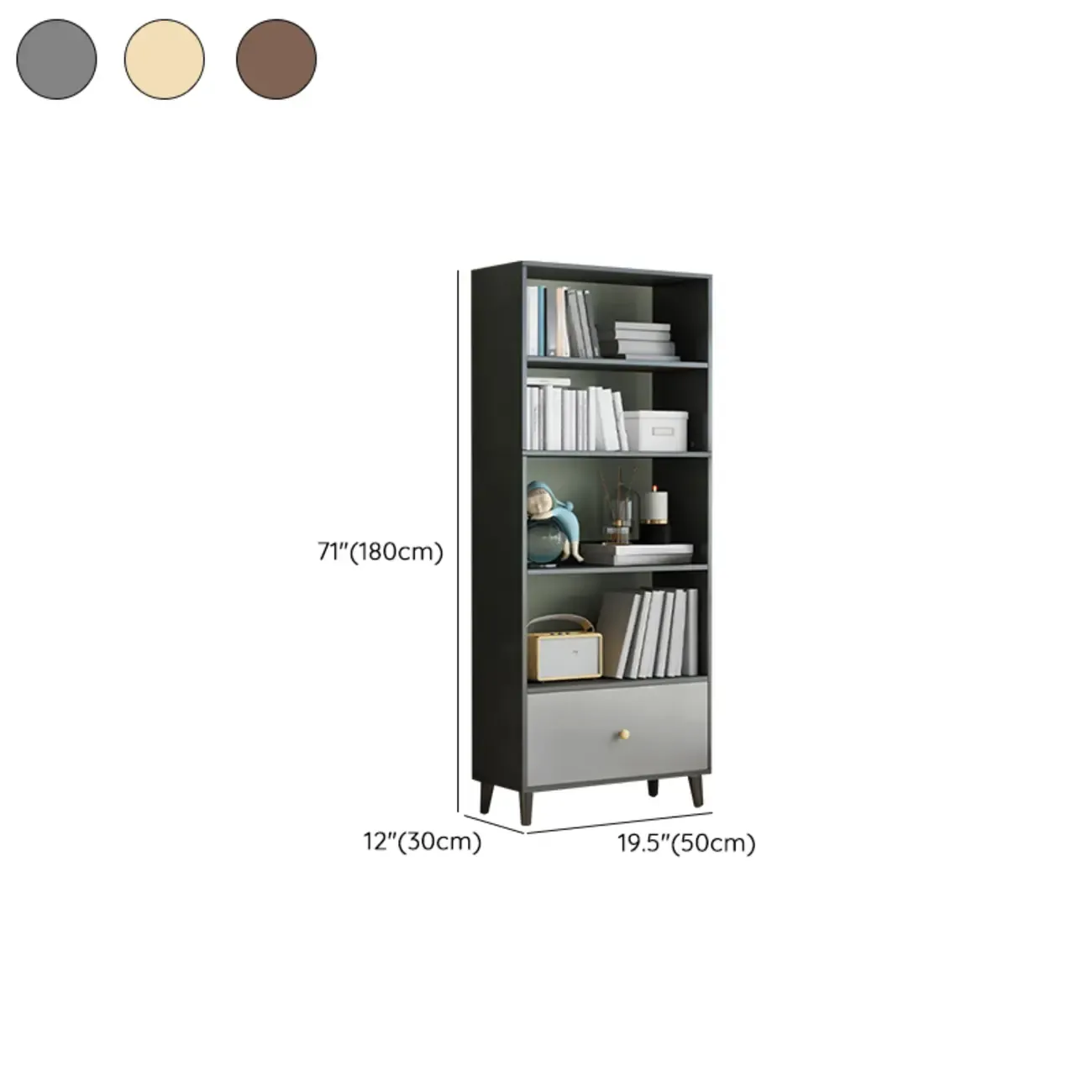 Tall Gray 4-Tier Open Back Wood Bookshelf with Drawer