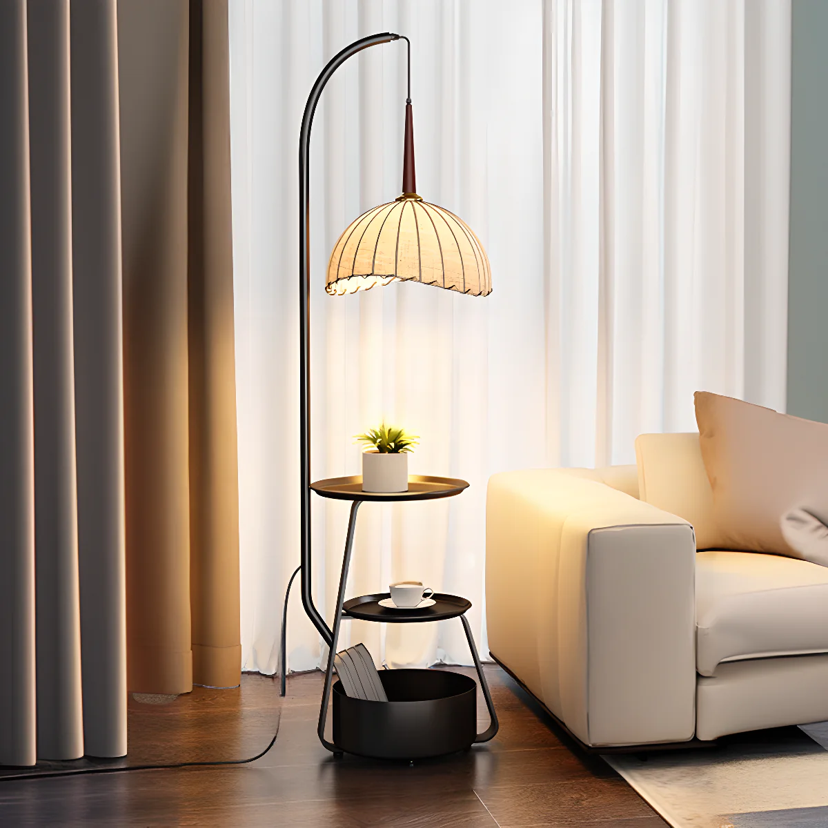 Elegant Fabric Iron Wood Storage Rack Arch Floor Lamp