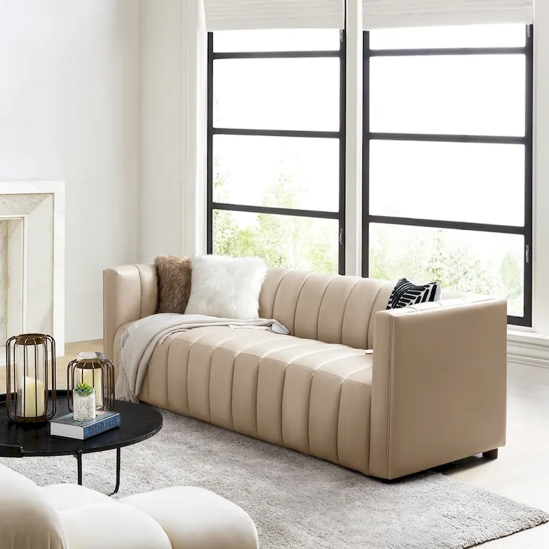 Olinto Modern Camel 83-Inch Genuine Leather Curved Couch with Channel Back by HULALA HOME