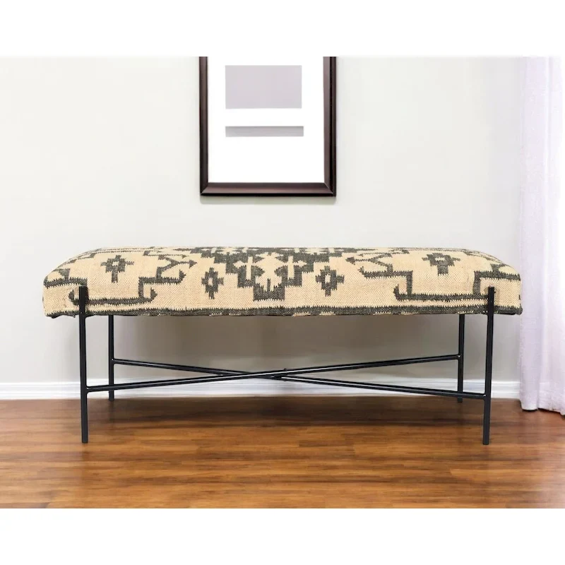 HomeRoots 48 Cream and Black Cotton Blend Upholstered Southwest Bench - 48' X '18' X '16