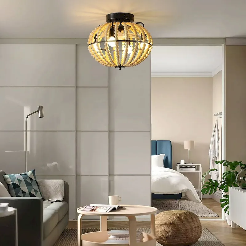 Modern Wooden Beaded Fan Light with Remote, Oak White