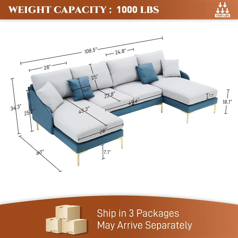 Ouyessir U-Shape Sectional Sofa 4-Seat Couch with Double Chaise Lounge