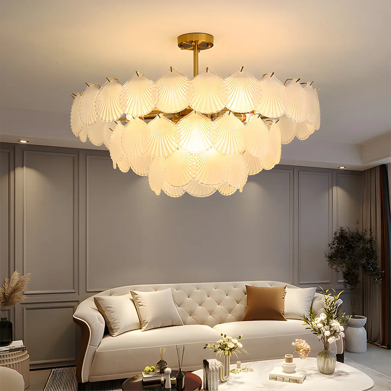 Adjustable Elegant Gold Unique Layered Scallop Glass Chandelier