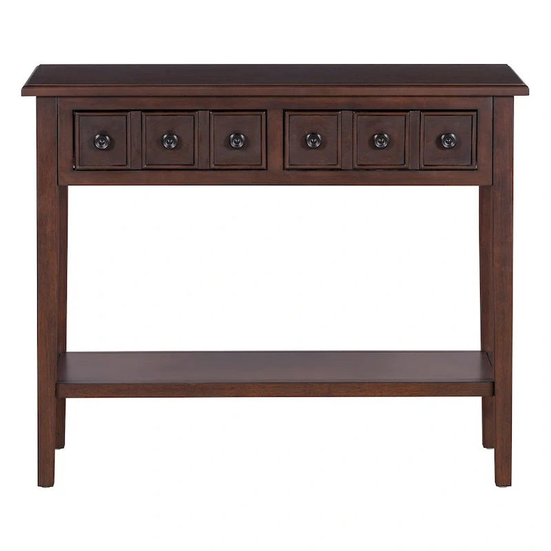 38.2 Rustic Console Table with Open Shelf and Three Drawers, Rubber Wood Legs