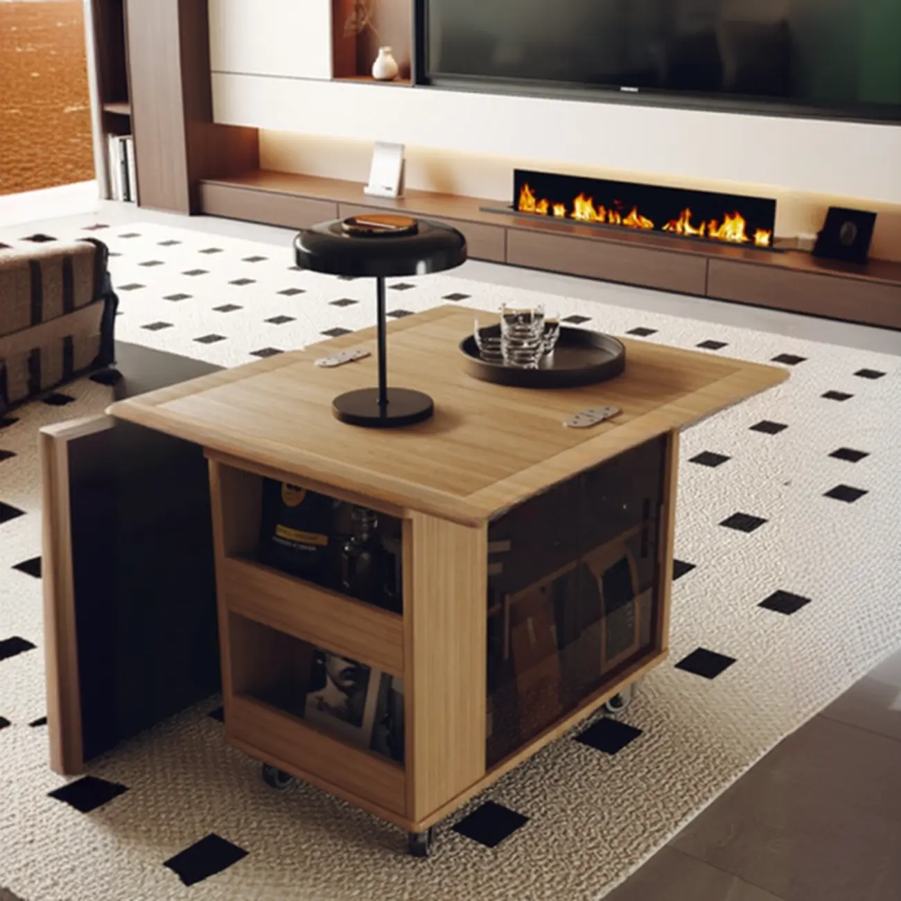 Modern Folding Table Top Wood Mobile Side Table with Wheels