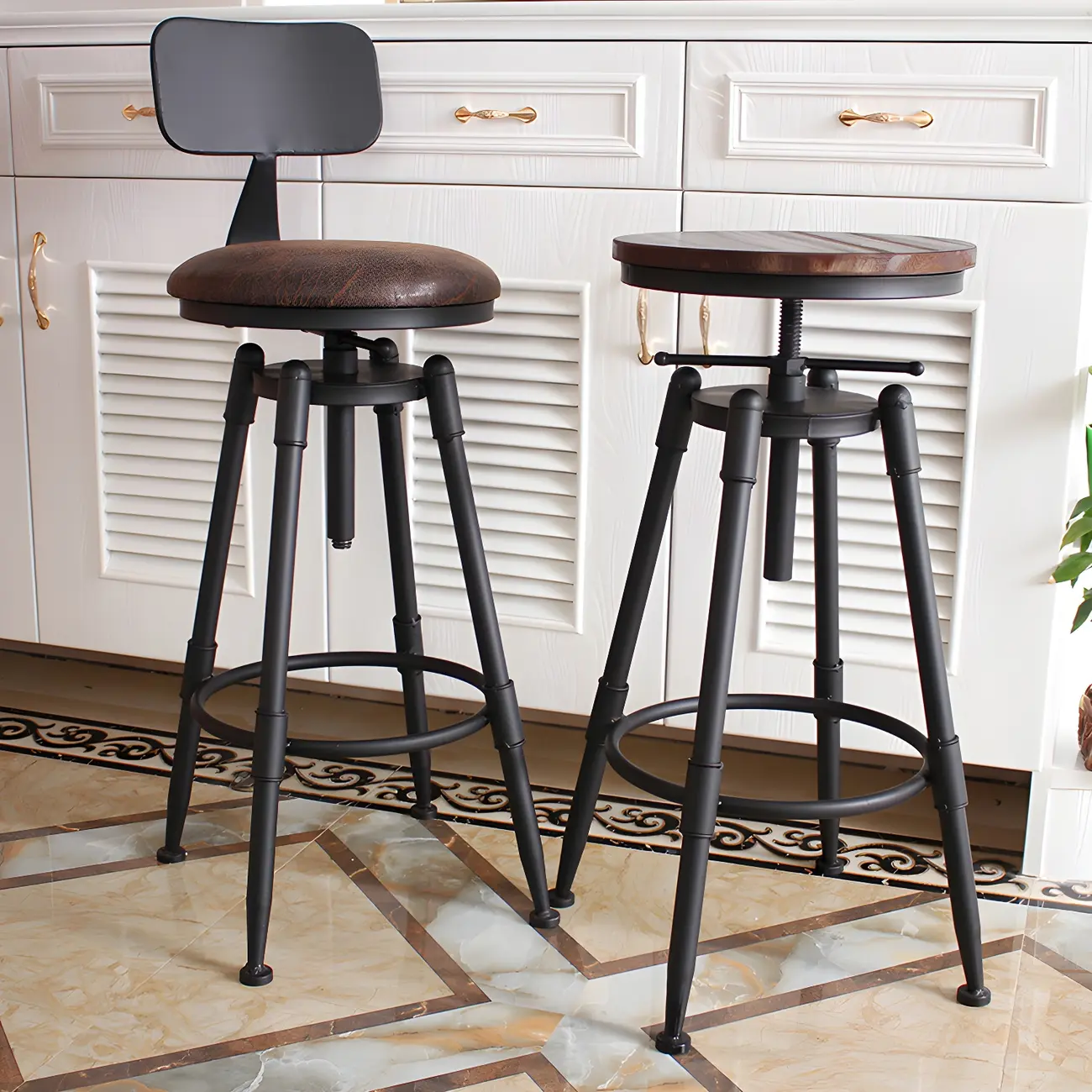 Industrial Metal Leather Swivel Bar Stools with Back
