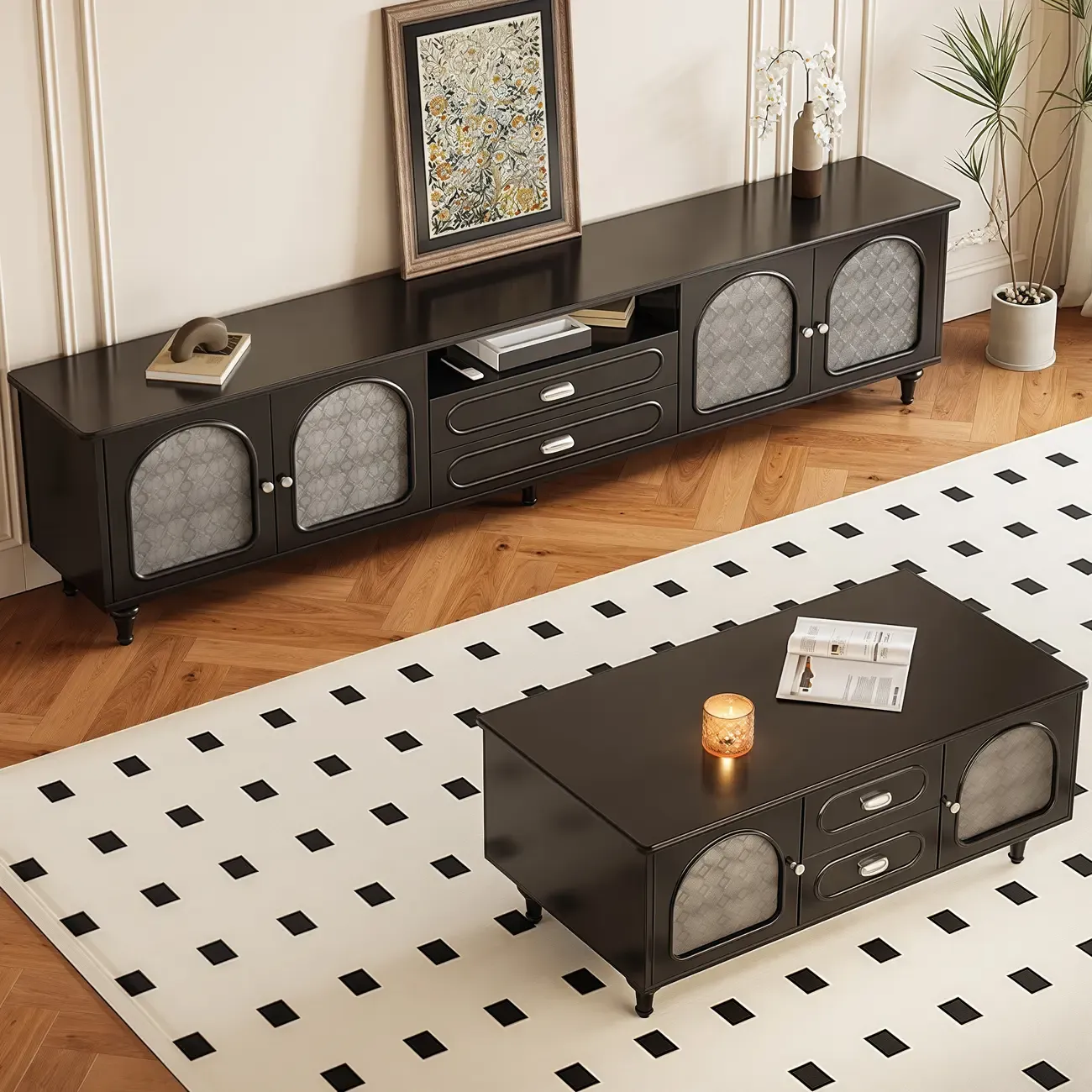 Modern Wood Curved Glass Door Black TV Stand with Light