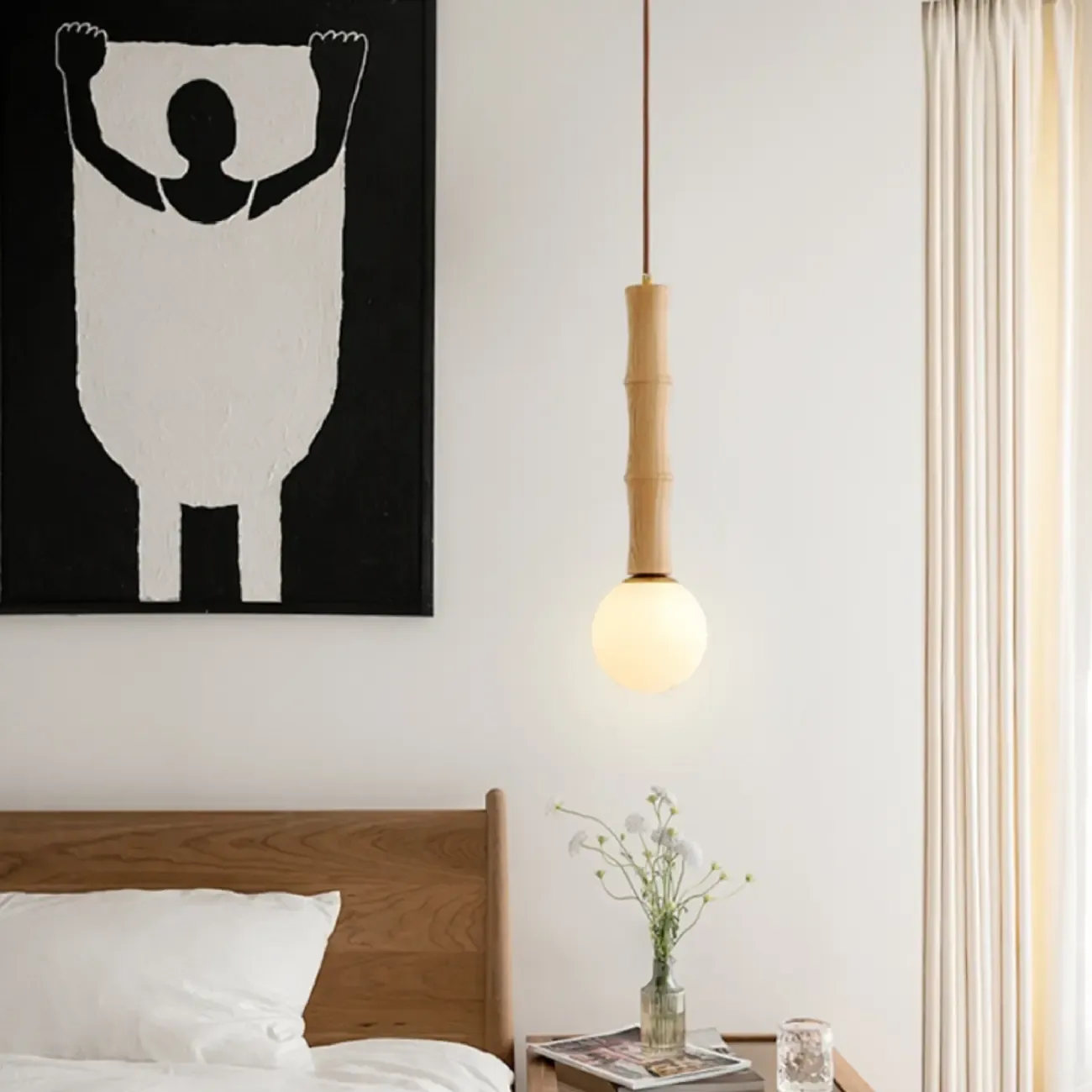 Adjustable Wood & Glass Globe Hanging Pendant Light Fixture