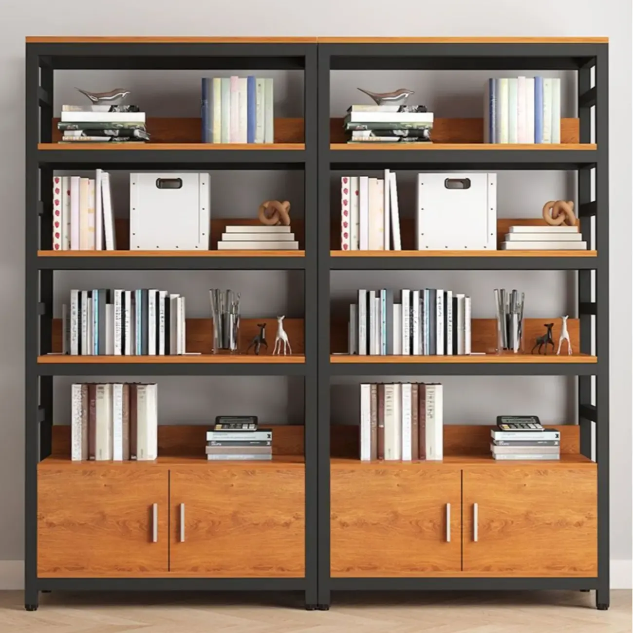 Brown Multi-Shelf Wooden Vertical Bookcase with Cabinet