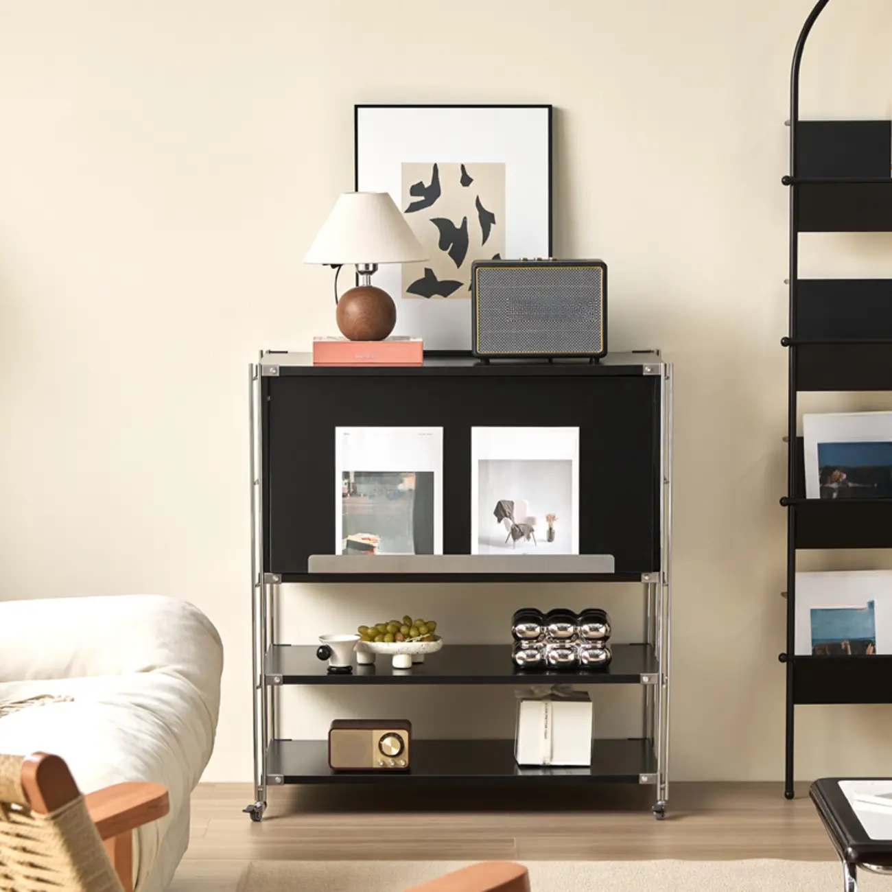 Compact Wood Steel Frame 3-Tier Bookcase in Black