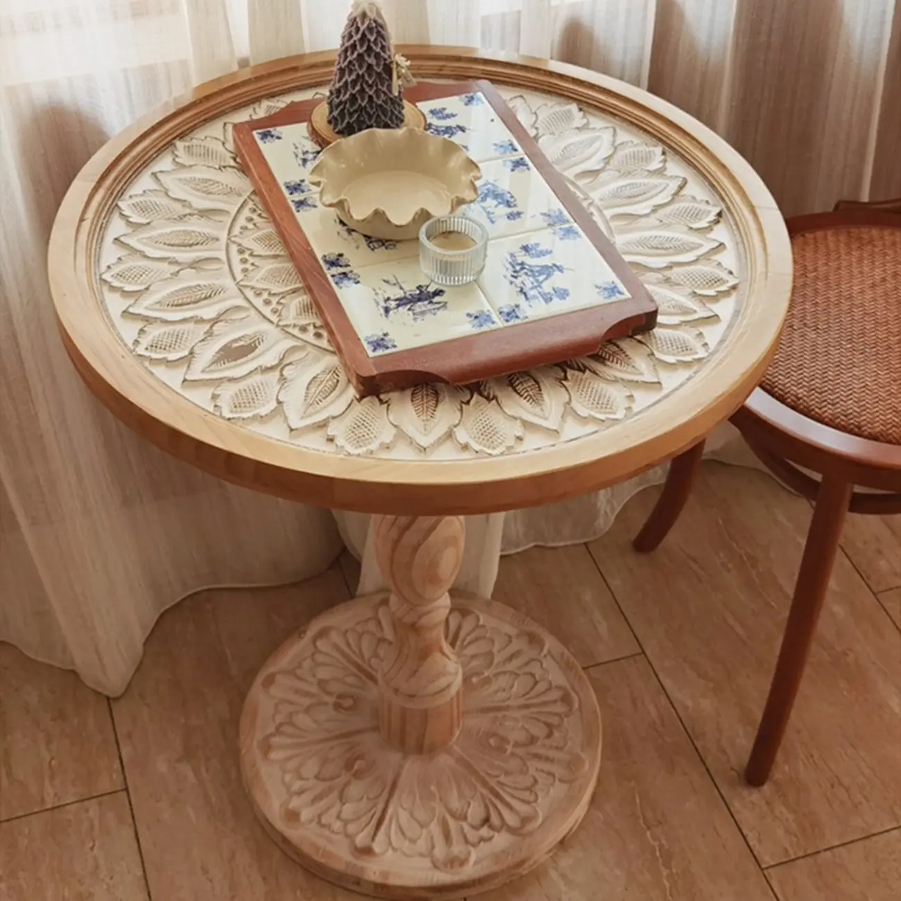 Living Room Retro Round Light Wood End Table