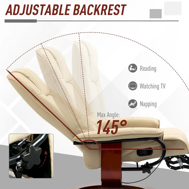 PU Leather Swivel Recliner Chair Manual Lounge Chair with Wood Base, Adjustable Backrest and Retractable Footrest