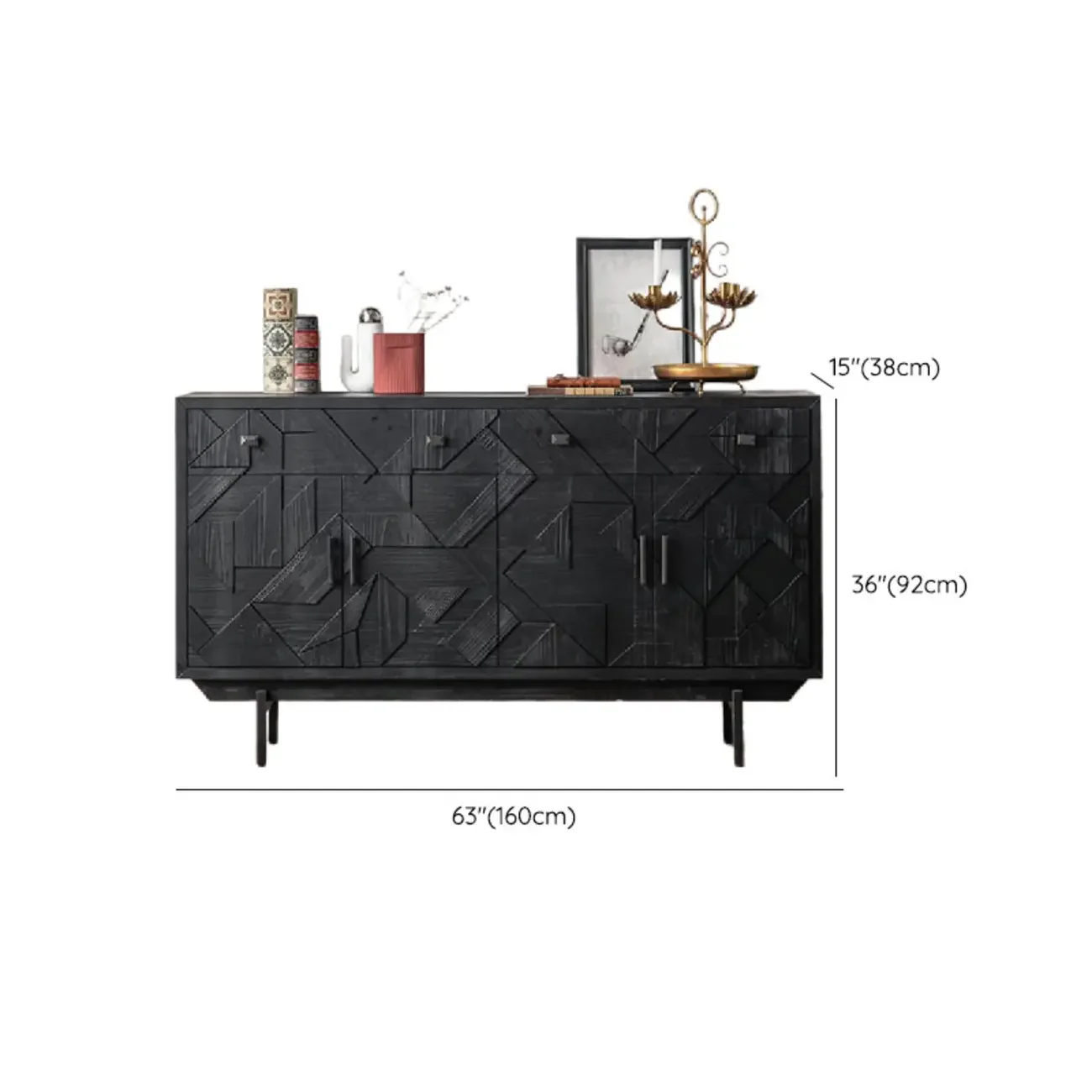 Mid-Century Rectangle Black Distressed Wood Carved Cabinet