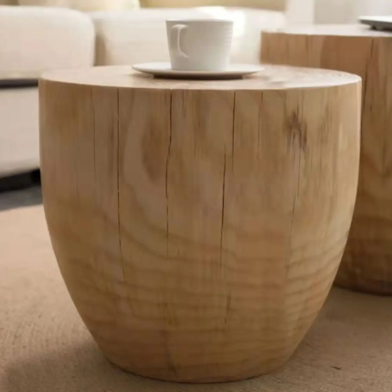 Natural Wood Drum-Shaped Nesting Chairside Table