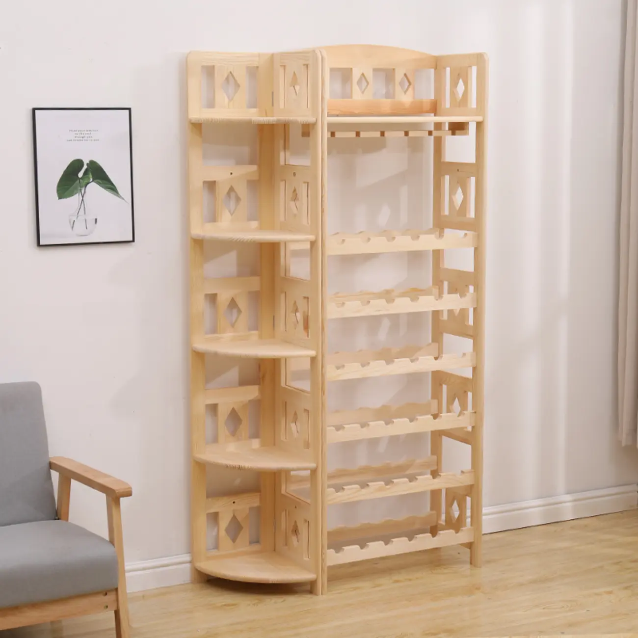 Free Standing Pine Wood Wine Racks with Bar Glass Holder Shelf