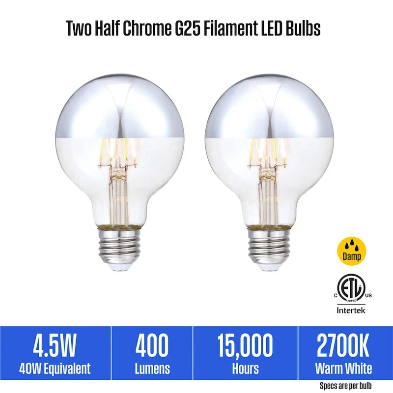 Westinghouse Lighting 4.5-Watt (40-Watt Equivalent) Half Chrome G25 Dimmable Filament LED Light Bulb, Medium Base - 1/2 Chrome