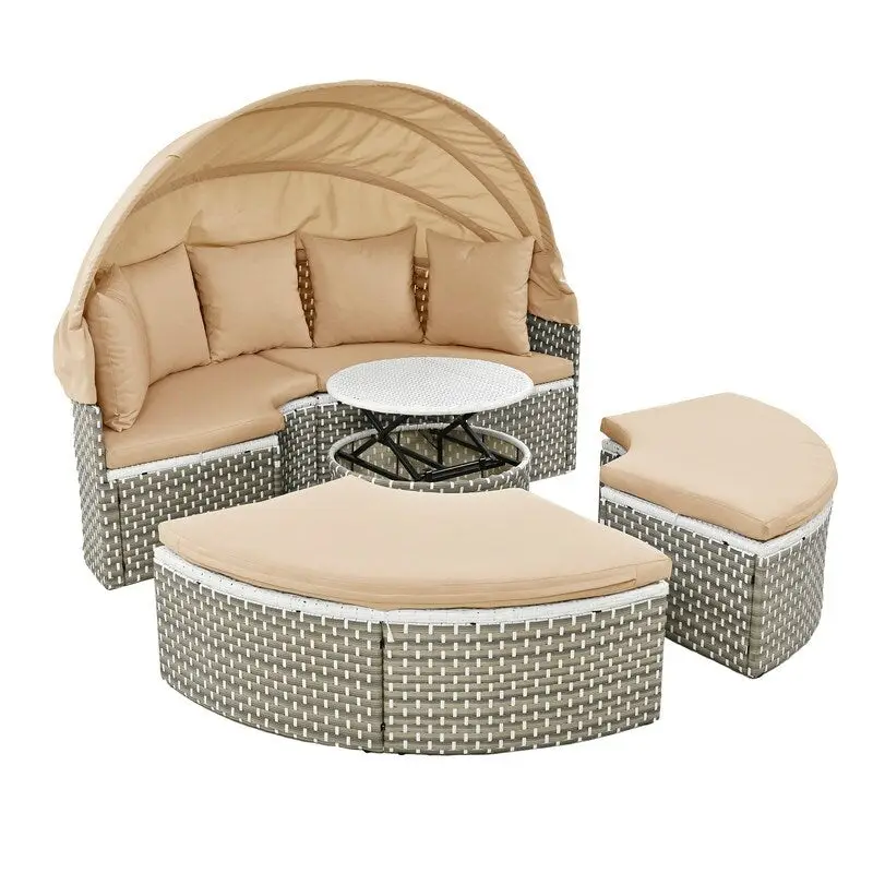 Round Patio Sectional Sofa Set  Two-Tone Rattan Daybed with Retractable Canopy & Modular Seating