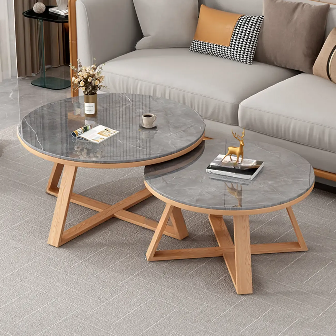 Modern Marble Round 2 Nesting Coffee Table Set with Wood Base